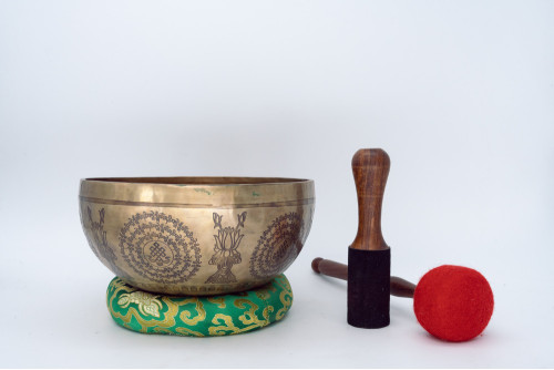 Fine carved singing bowl with life of tree mantra and vajra