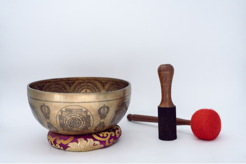Fine carved Singing Bowl with Seven Chakra, Vajra, Shree Yantra