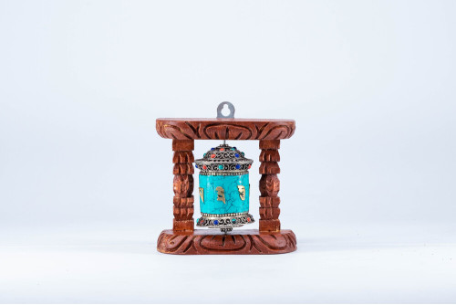 Prayer Wheel with Mantra • Wall Mounted Wooden + Stone Setting Prayer Wheel