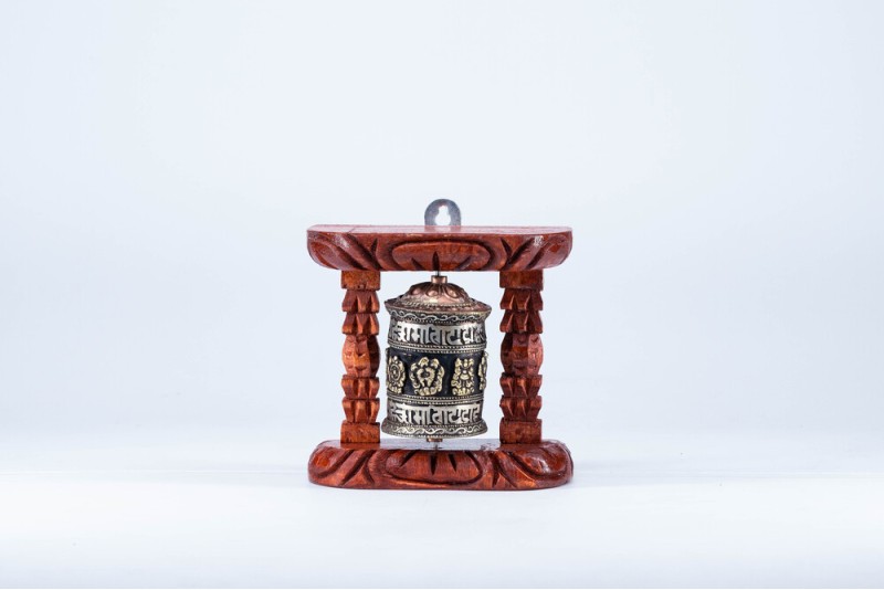 Tibetan Prayer Wheel Wall Mounted Wooden Frame • Om Mani Padme Hum • 8 Auspicious Symbols Buddhist Prayer Wheel