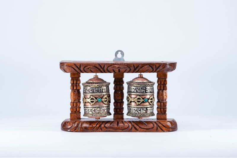 Two Wheeled Tibetan Prayer Wheel, Vajra and "Om Mani Padme Hum" Mantra Carved Prayer Wheel