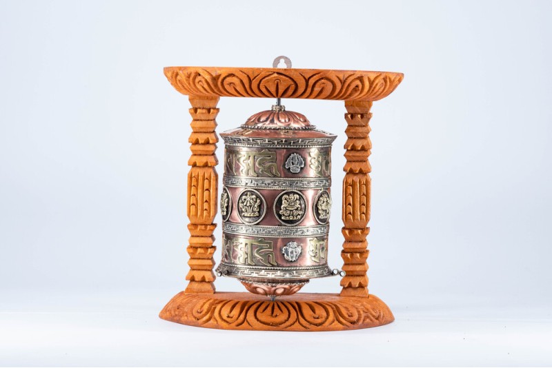 Tibetan Prayer Wheel Wall Mounted Wooden Frame • Om Mani Padme Hum • 8 Auspicious Symbols Buddhist Prayer Wheel