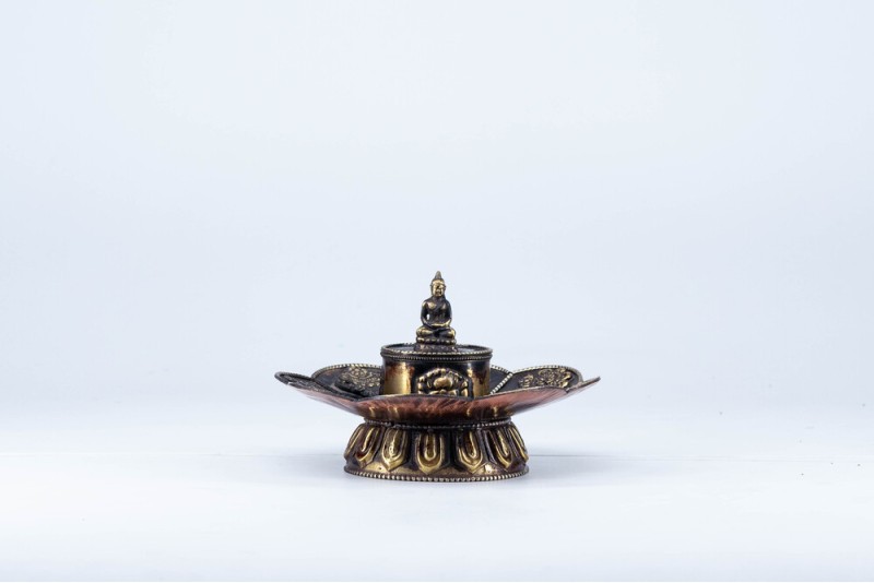 Tibetan Incense Burner Copper and Brass with Buddha Statue